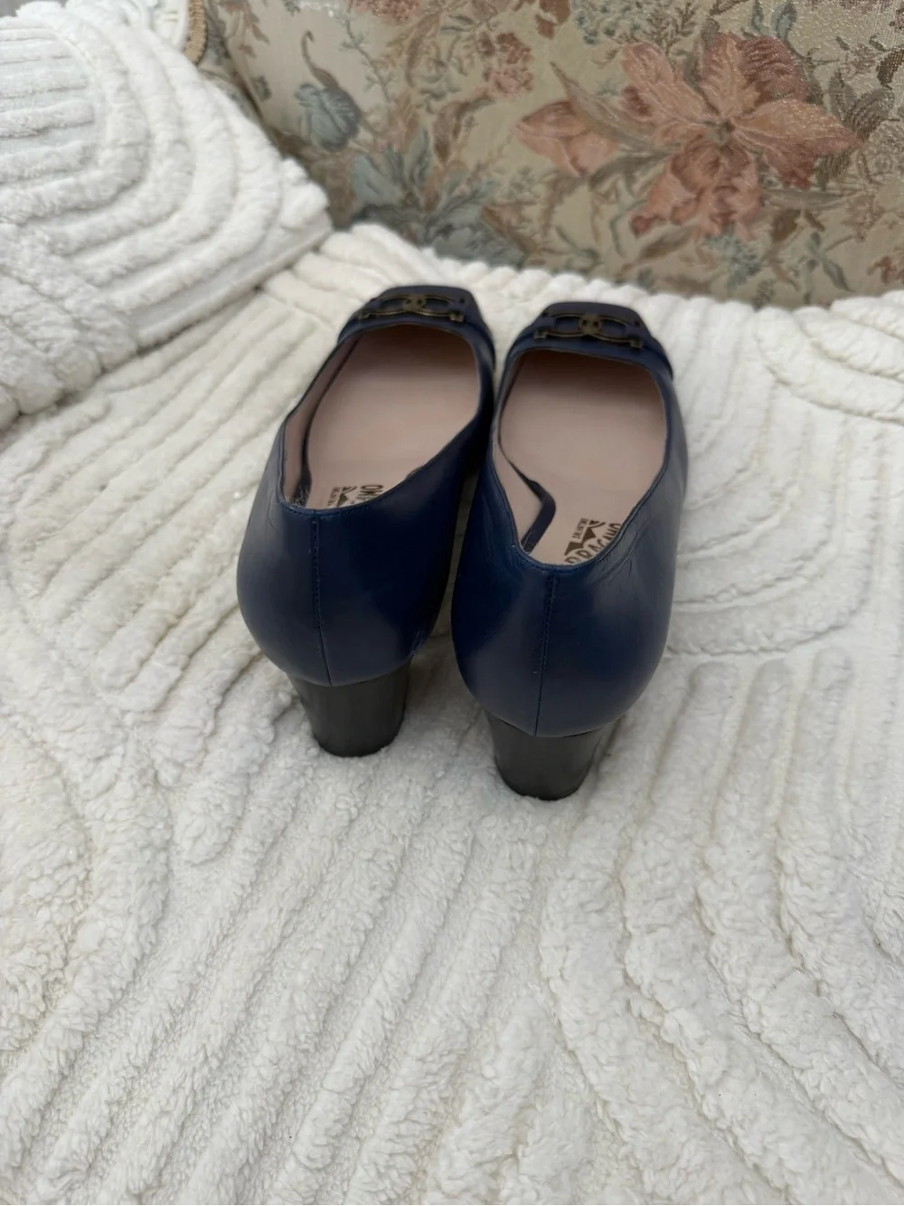 Salvatore Ferragamo Navy Leather Square-Toe Flats with Gold Logo